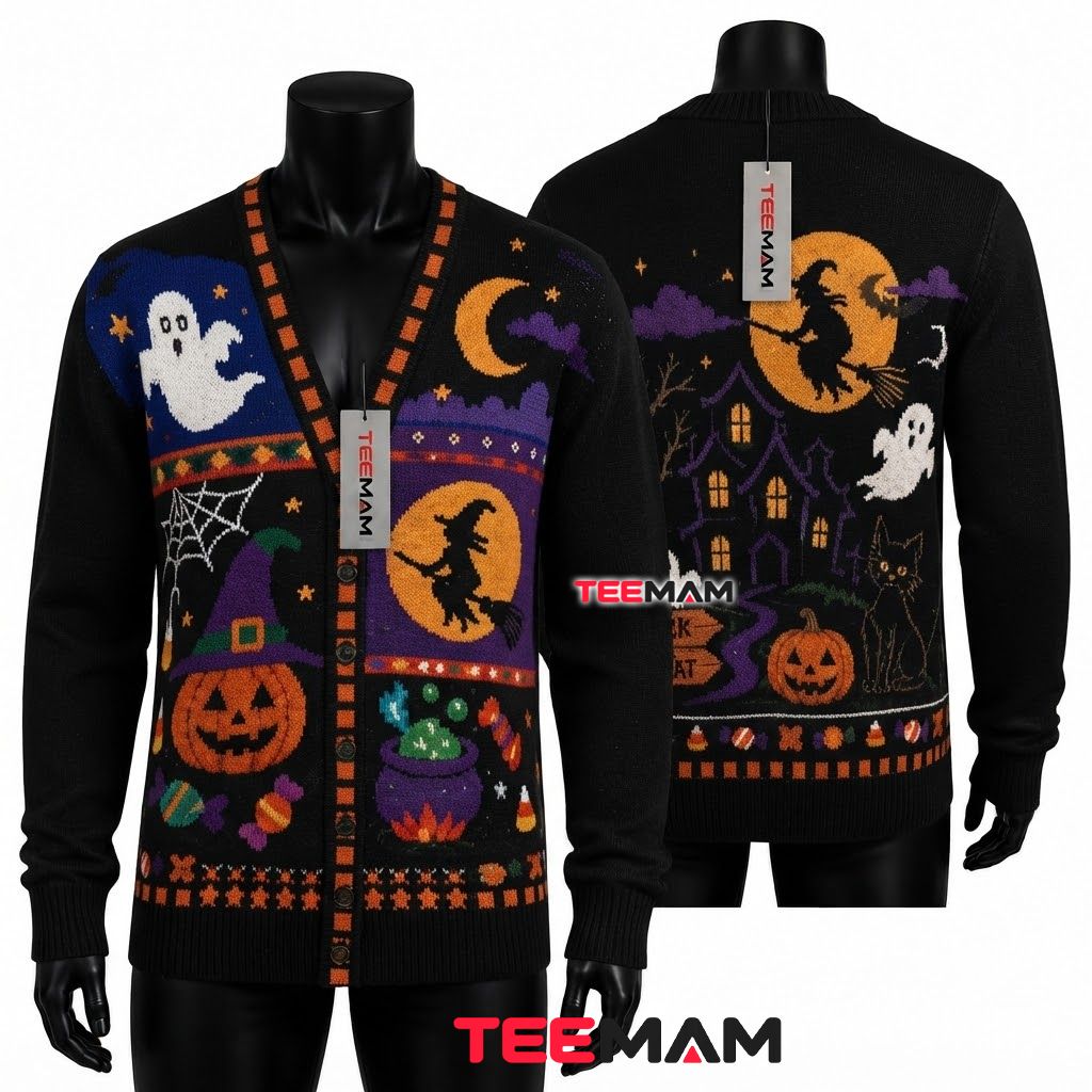Witch Halloween Cardigan Haunted House Cat 1