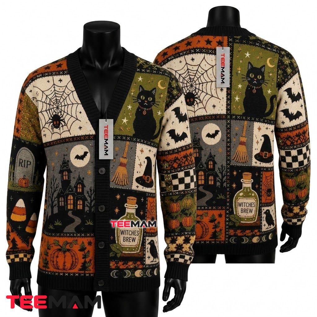 Witches Brew Halloween Cardigan Black Cat Spider 1 Witches Brew Halloween Cardigan Black Cat Spider 1