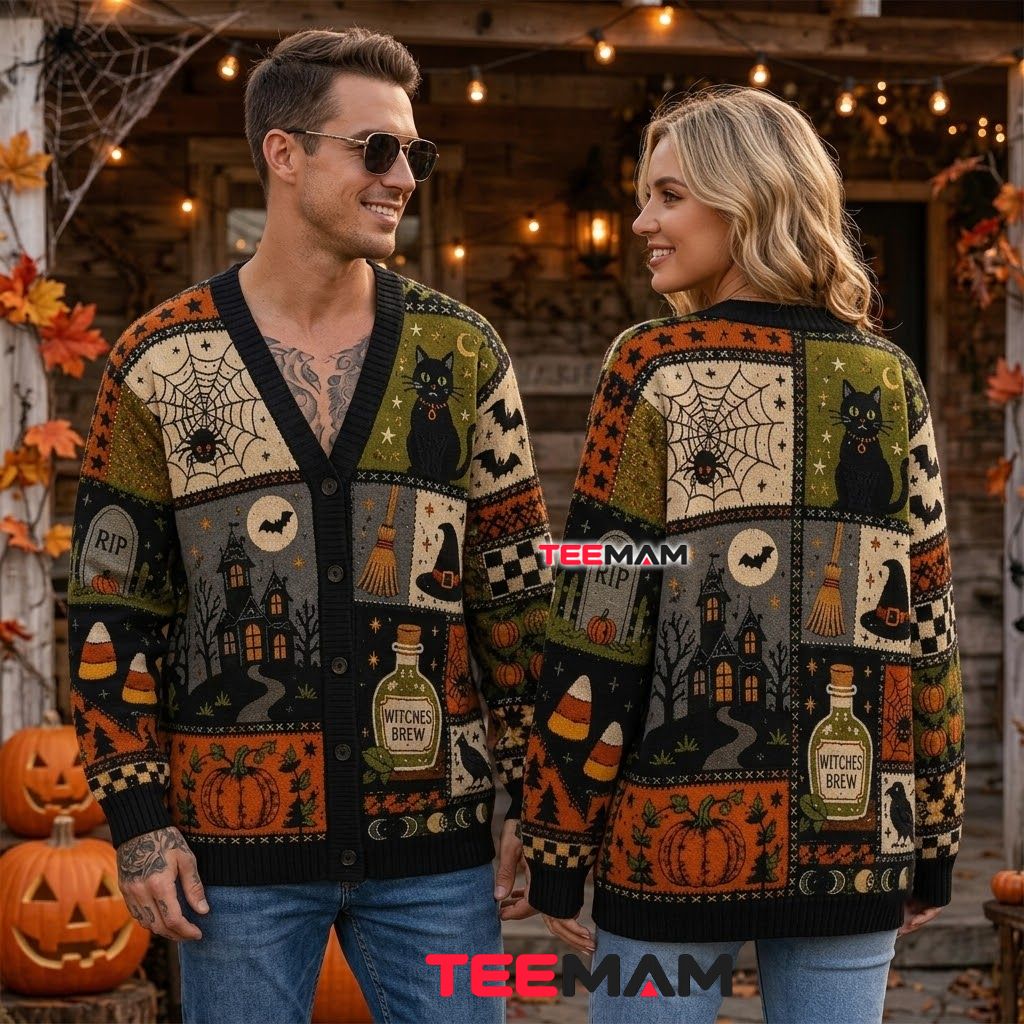 Witches Brew Halloween Cardigan Black Cat Spider 2 Witches Brew Halloween Cardigan Black Cat Spider 2