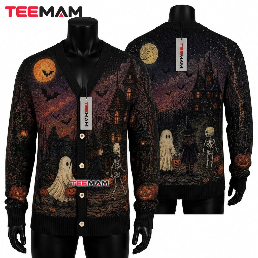 Woodcut Halloween Cardigan Witch Skeleton House 1