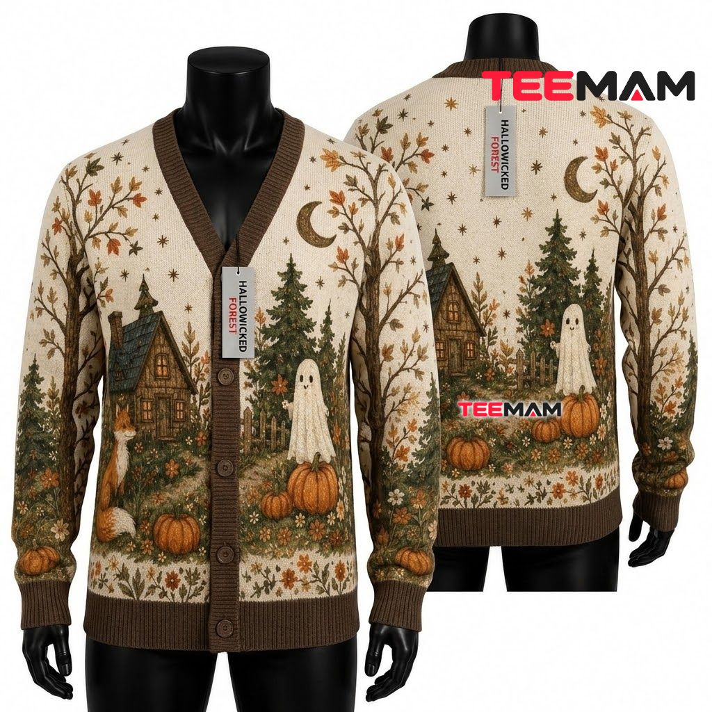 Woodcut Halloween Cardigan Witch Skeleton House