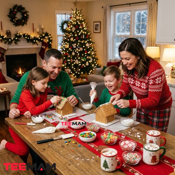 Family Gingerbread House Decorating Christmas Night