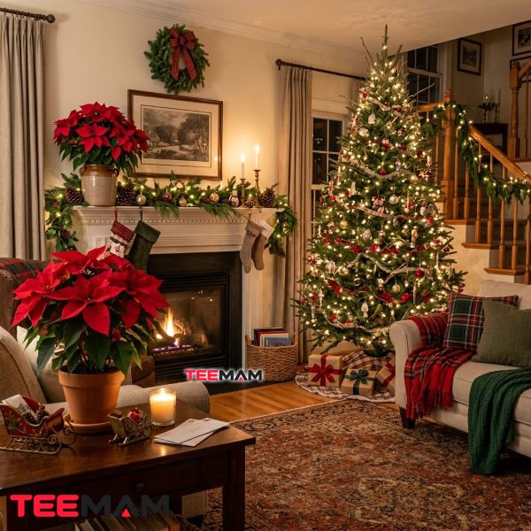 The Poinsettia: How a Winter Flower Became a Christmas Icon 18 Poinsettias In Cozy American Christmas Decorating
