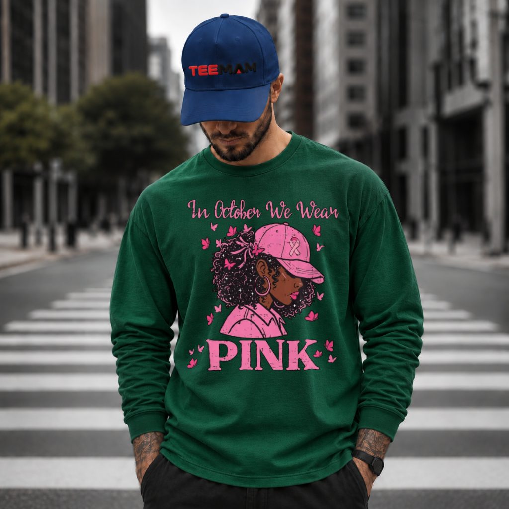 Afro Woman Cap Pink Ribbon Awareness Butterfly Long Sleeve Afro Woman Cap Pink Ribbon Awareness Butterfly Long Sleeve