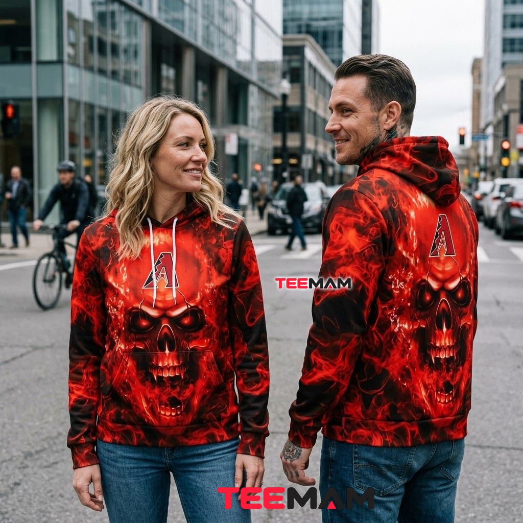 Arizona Diamondbacks 3D Hoodie Red Flame Skull Back Arizona Diamondbacks 3D Hoodie Red Flame Skull Back
