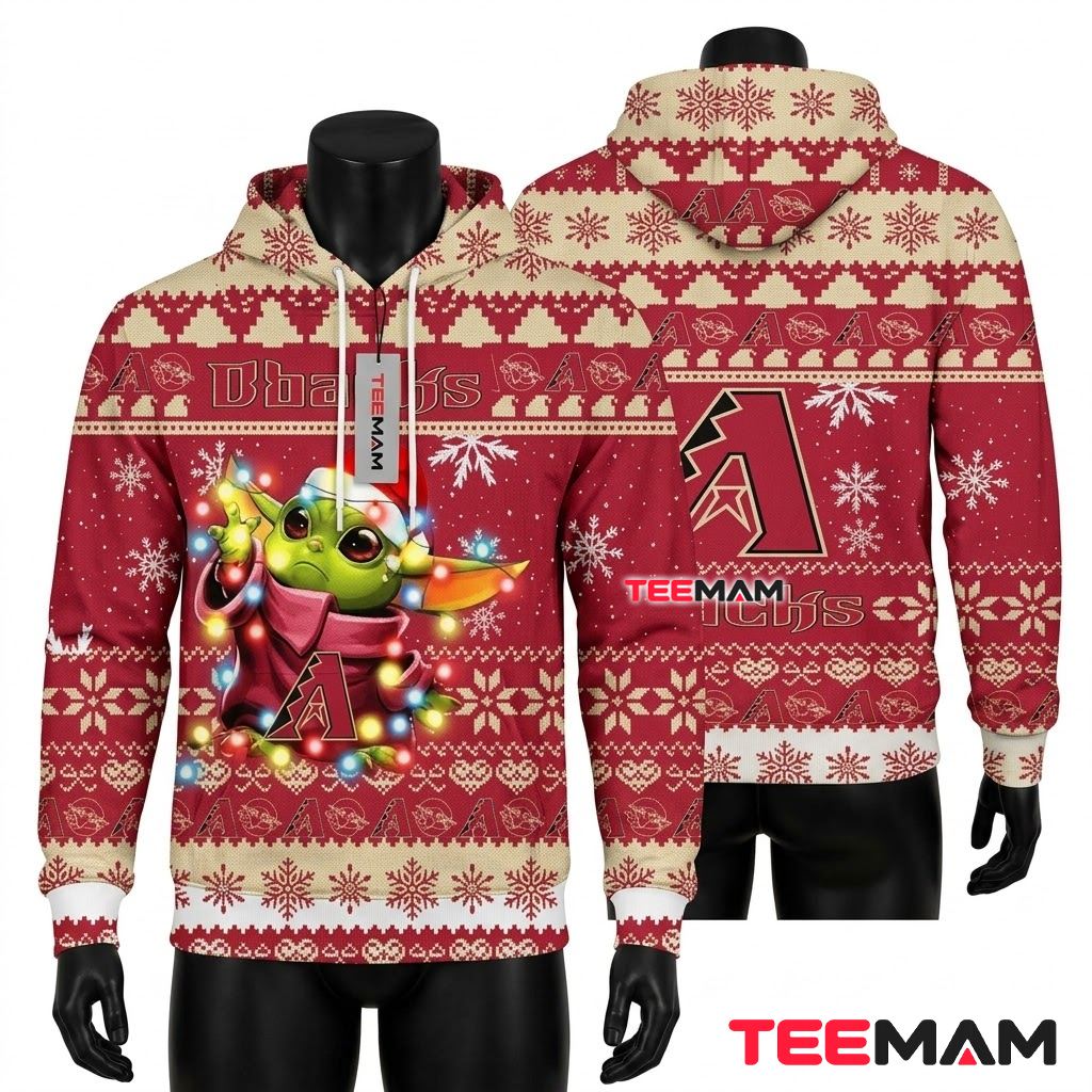 Arizona Diamondbacks All Over Print 3D Hoodie Baby Yoda Christmas Lights Front