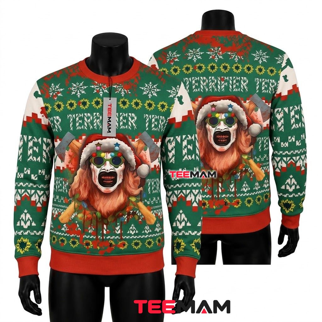 Art The Clown Ugly Halloween Sweater Terrifier Bloody Axe Front
