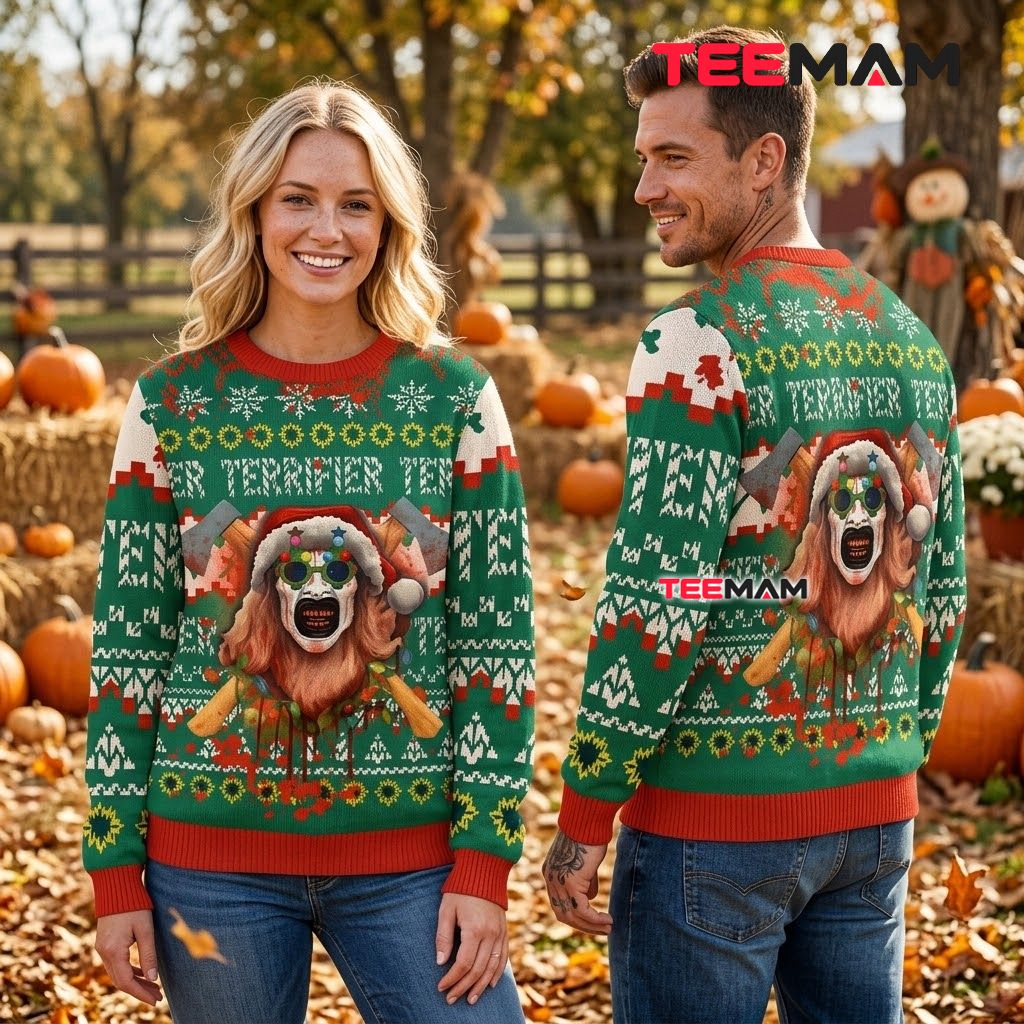 Art The Clown Ugly Halloween Sweater Terrifier Bloody Axe Back Art The Clown Ugly Halloween Sweater Terrifier Bloody Axe Back