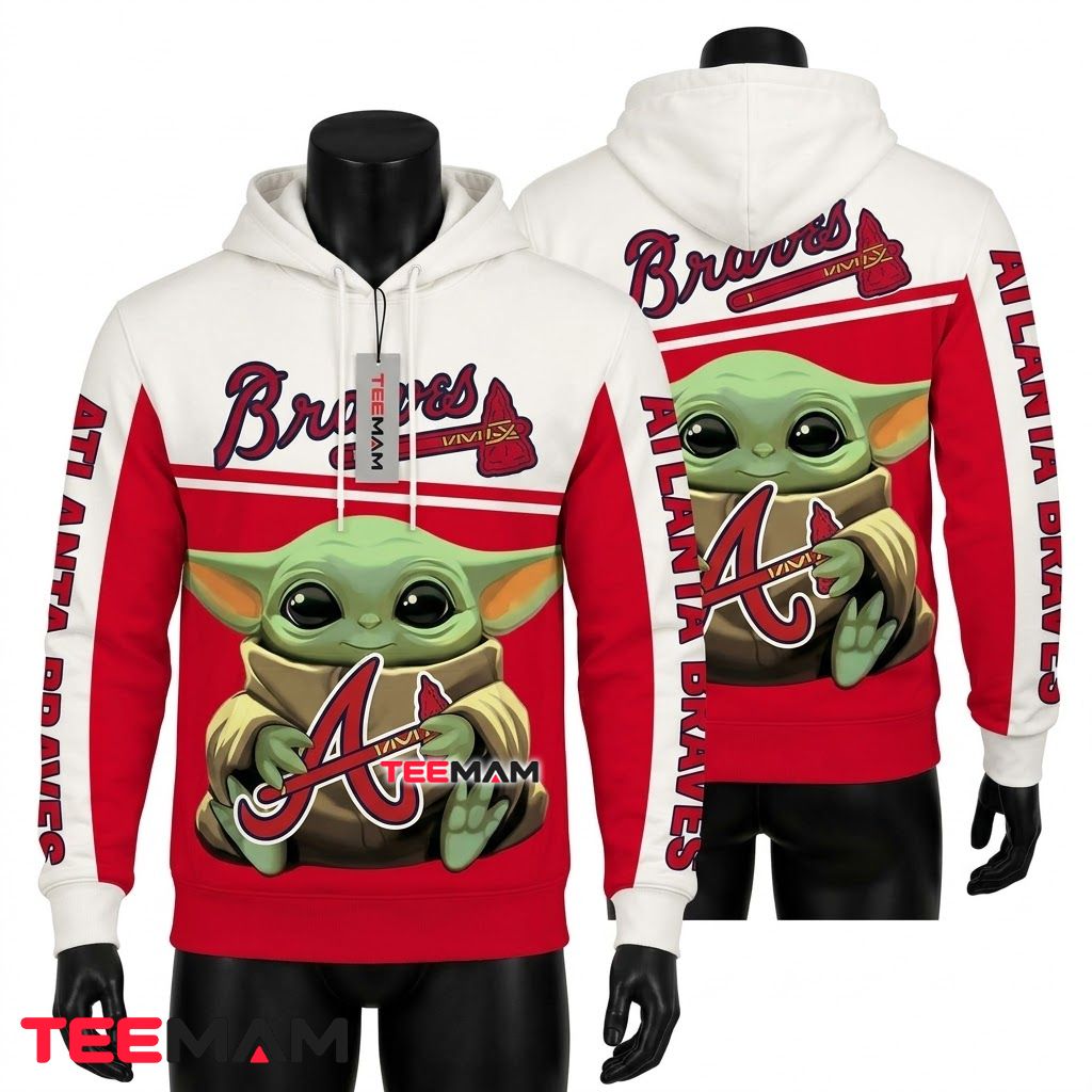 Atlanta Braves 3D Hoodie Baby Yoda Hugging Logo Front