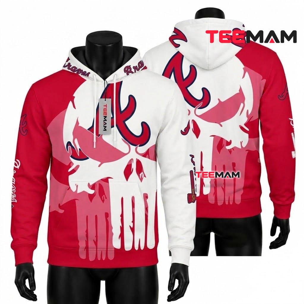 Atlanta Braves 3D Hoodie Punisher Skull Split Pink White Front