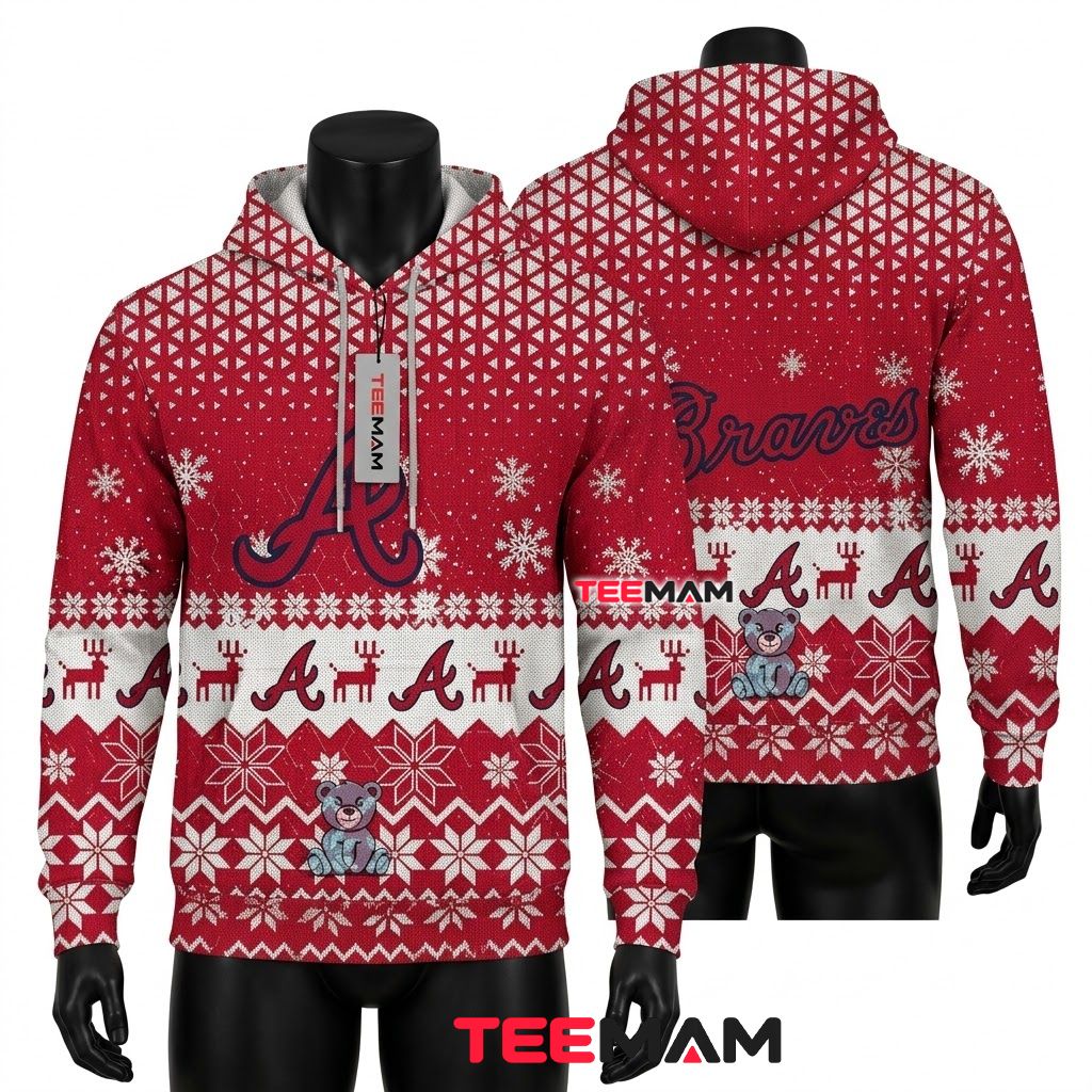 Atlanta Braves 3D Hoodie Reindeer Snowflake Christmas Pattern Front