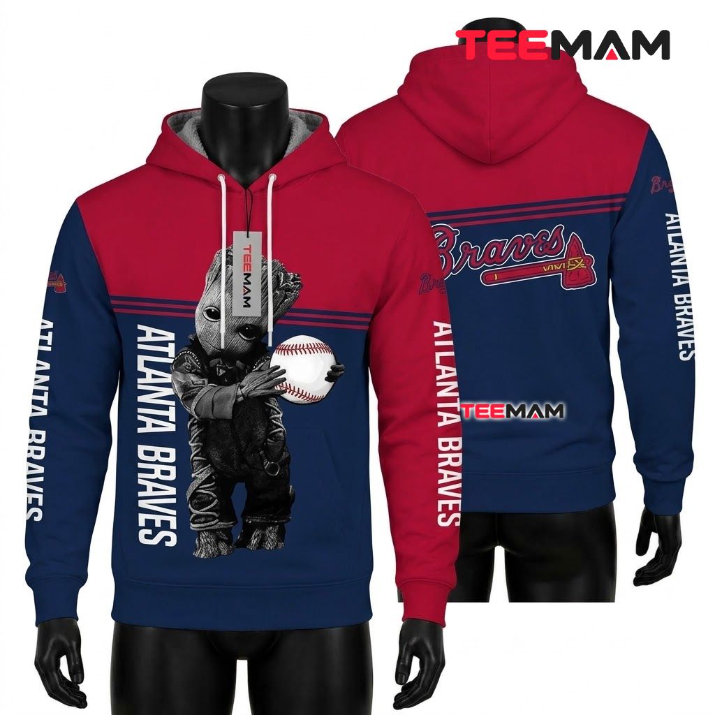 Atlanta Braves All Over Print 3D Hoodie Baby Groot Baseball Front