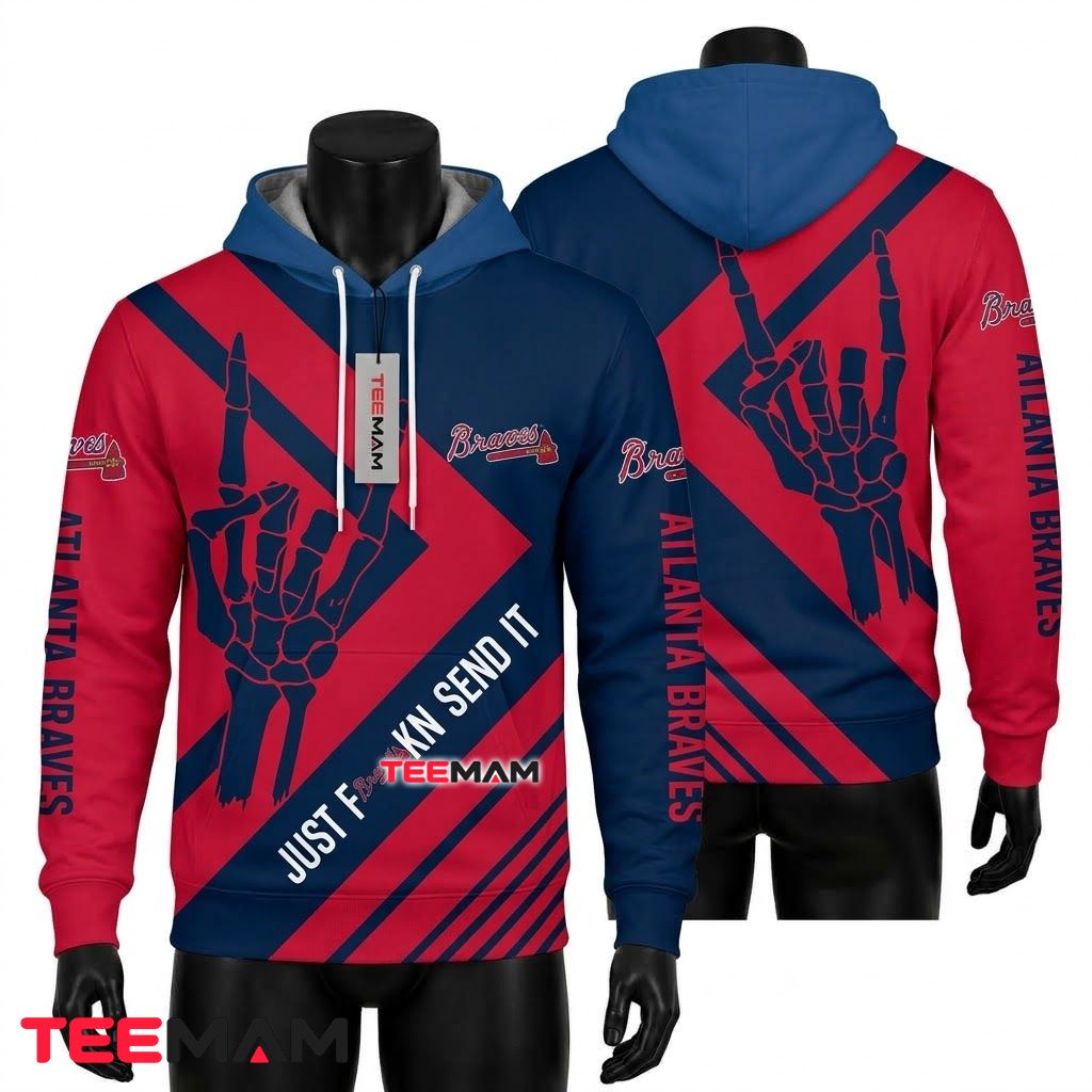 Atlanta Braves All Over Print 3D Hoodie Skeleton Hand Just Send It Front