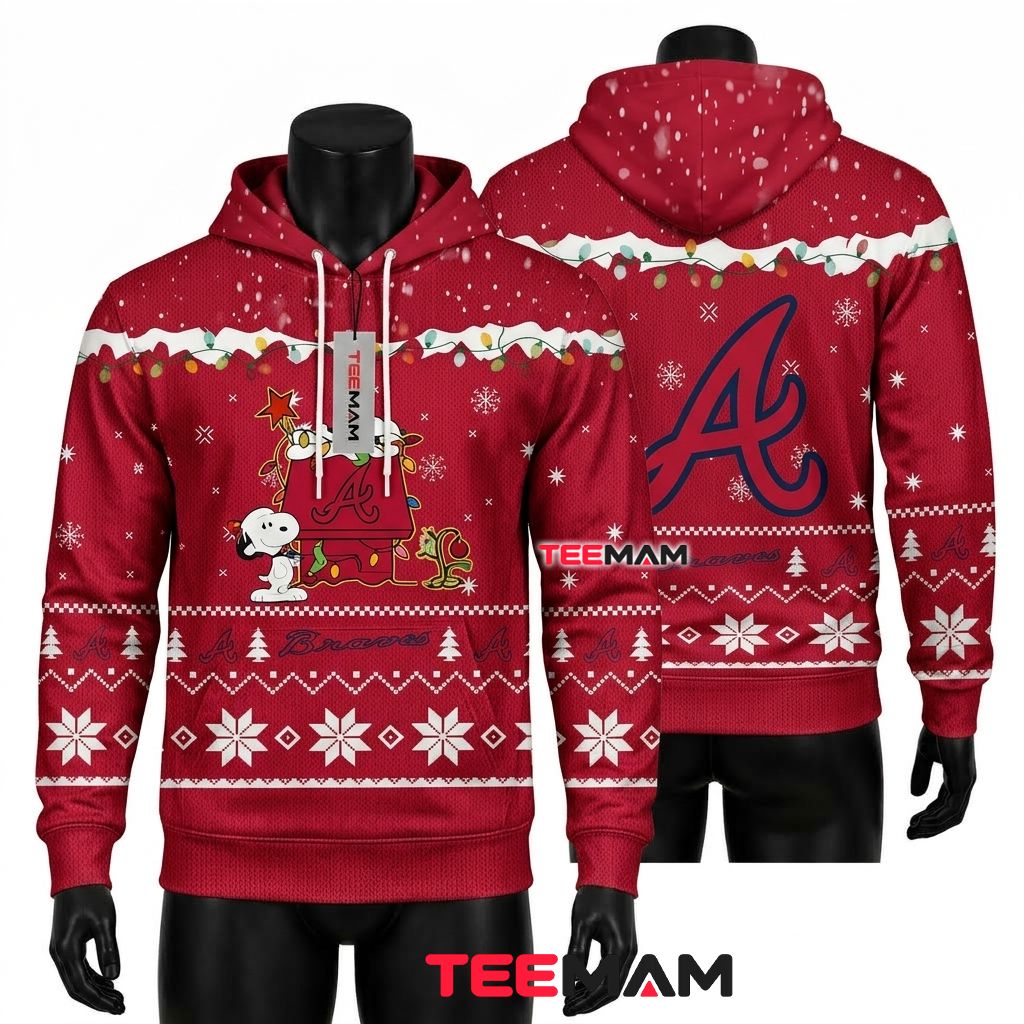 Atlanta Braves All Over Print 3D Hoodie Snoopy Christmas Lights Front