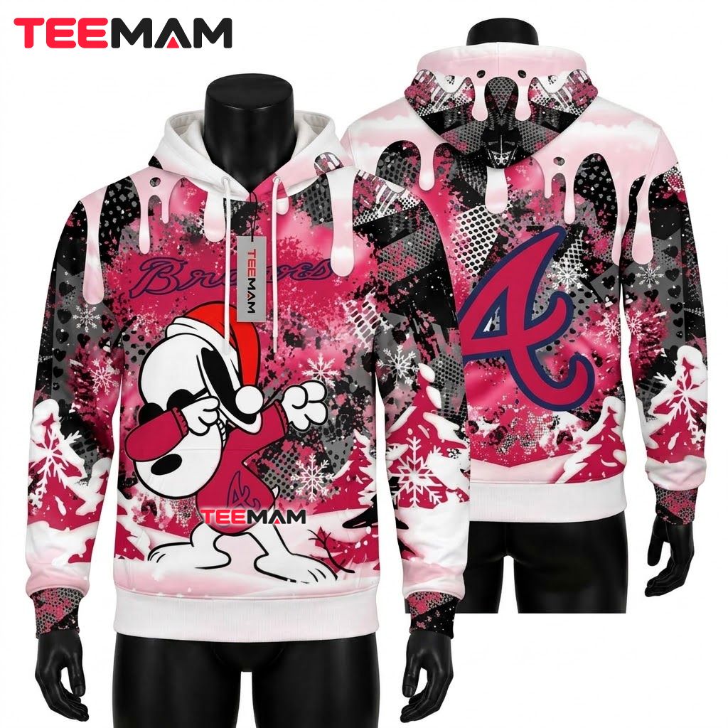 Atlanta Braves All Over Print 3D Hoodie Snoopy Dabbing Christmas Pink Front
