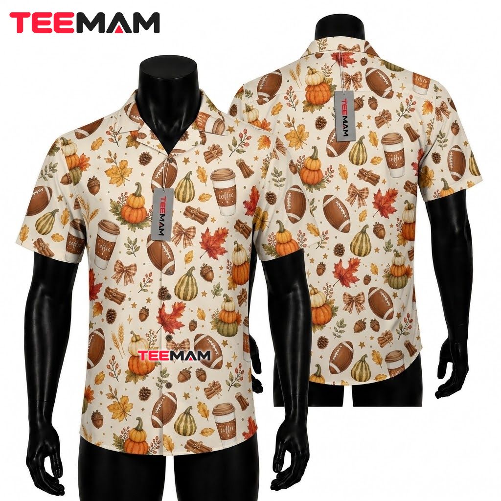 Autumn Thanksgiving Hawaiian Shirt Football Pumpkin Coffee Front