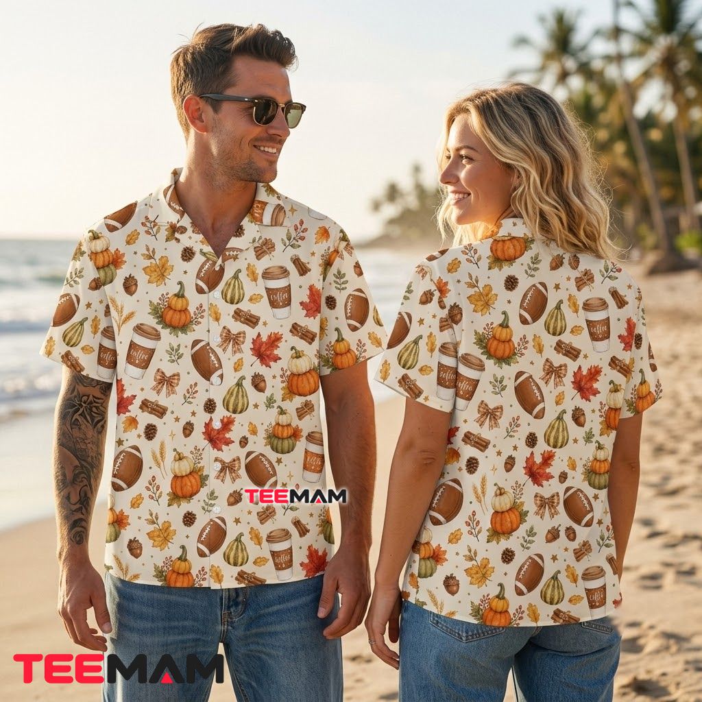 Autumn Thanksgiving Hawaiian Shirt Football Pumpkin Coffee Back Autumn Thanksgiving Hawaiian Shirt Football Pumpkin Coffee Back