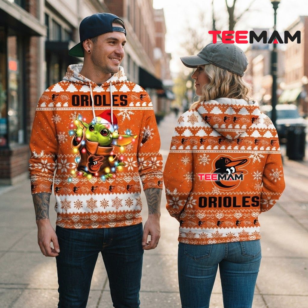 Baltimore Orioles 3D Hoodie Baby Yoda Christmas Lights Back Baltimore Orioles 3D Hoodie Baby Yoda Christmas Lights Back