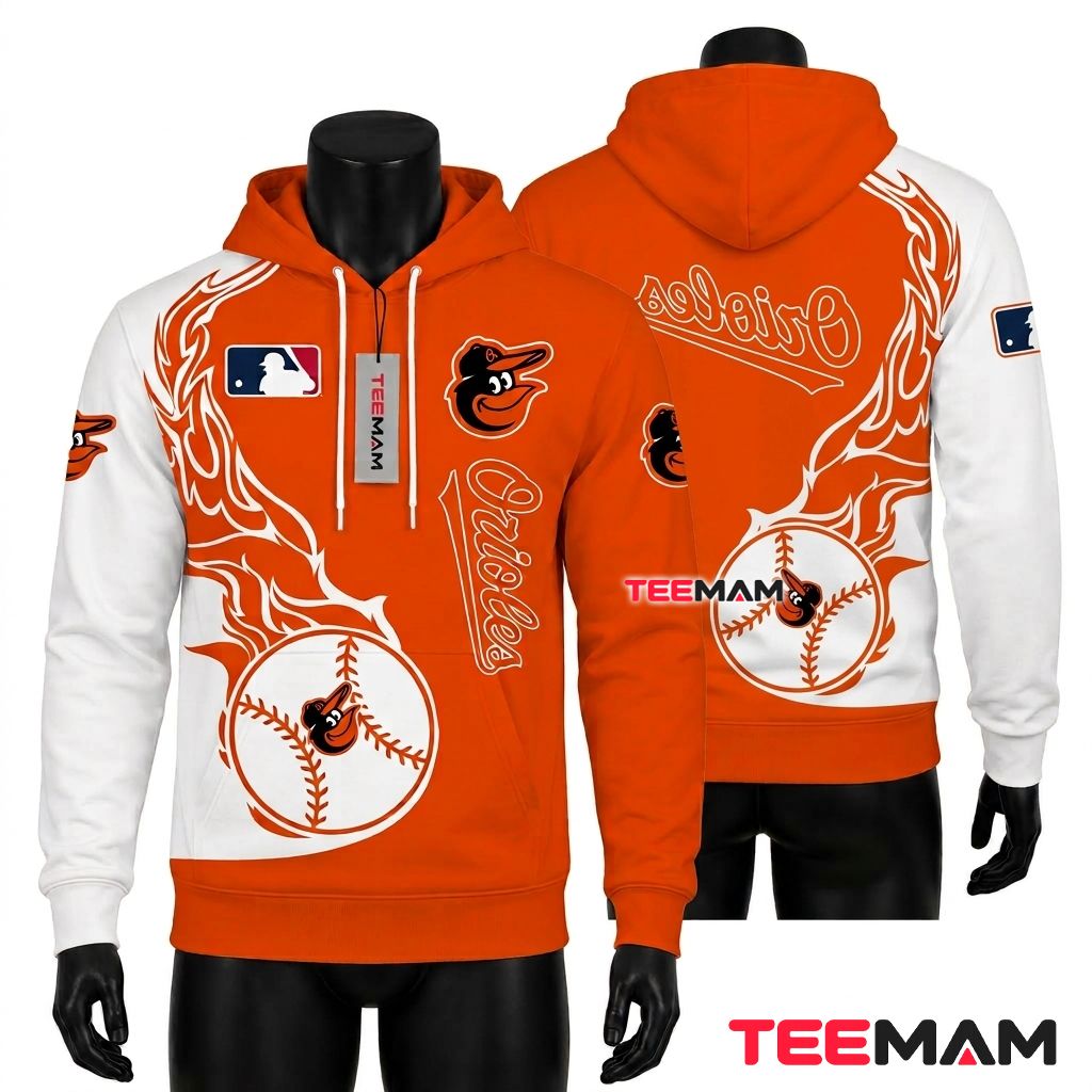 Baltimore Orioles 3D Hoodie Baseball Flame Orange White Split Front