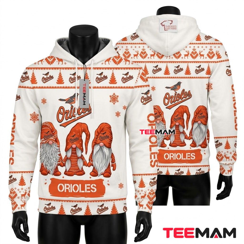 Baltimore Orioles 3D Hoodie Christmas Gnome Trio White Front