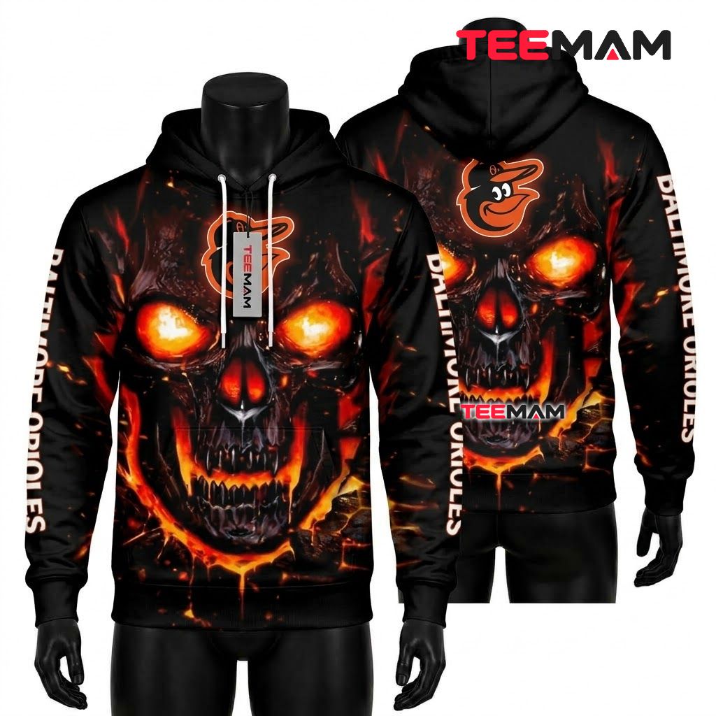 Baltimore Orioles 3D Hoodie Flame Skull Fire Black Front