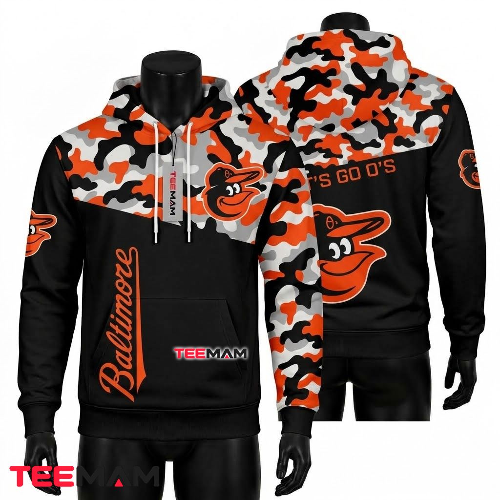 Baltimore Orioles 3D Hoodie Lets Go Os Camouflage Black Orange Front