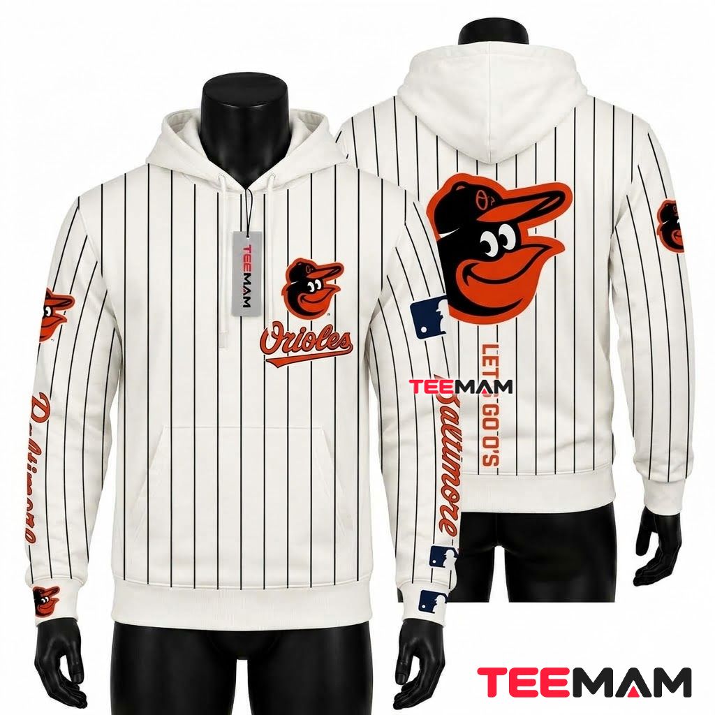 Baltimore Orioles 3D Hoodie Lets Go Os Pinstripe White Front
