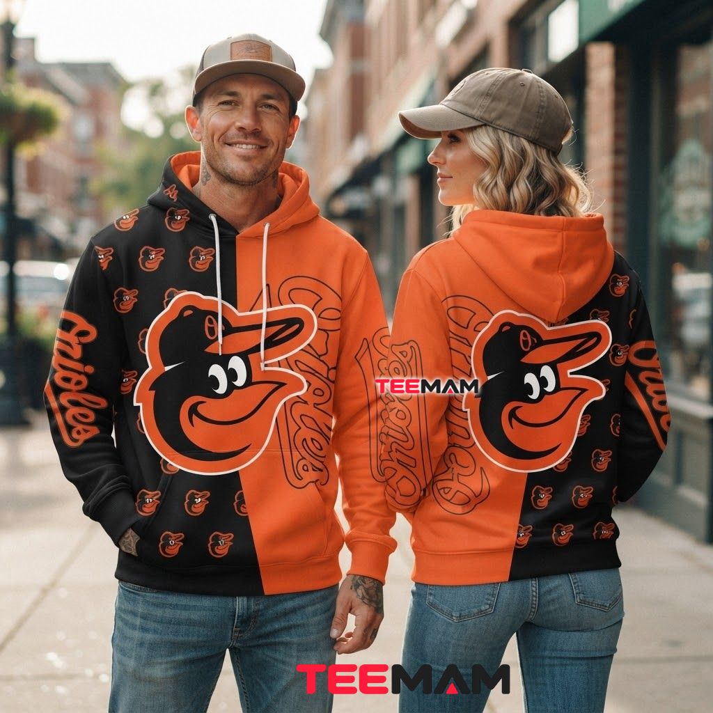 Baltimore Orioles 3D Hoodie Mascot Logo Orange Black Split Back Baltimore Orioles 3D Hoodie Mascot Logo Orange Black Split Back