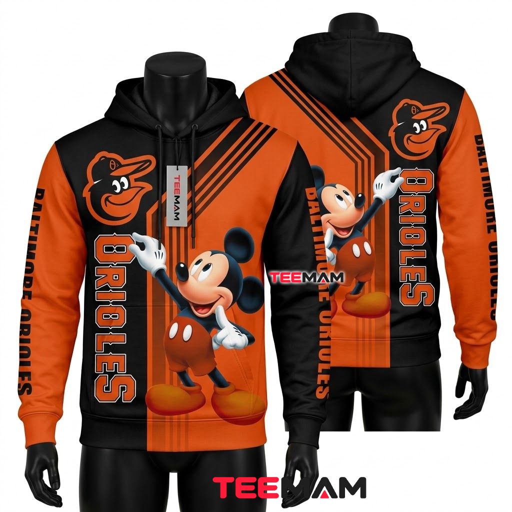 Baltimore Orioles 3D Hoodie Mickey Mouse Orange Black Split Front