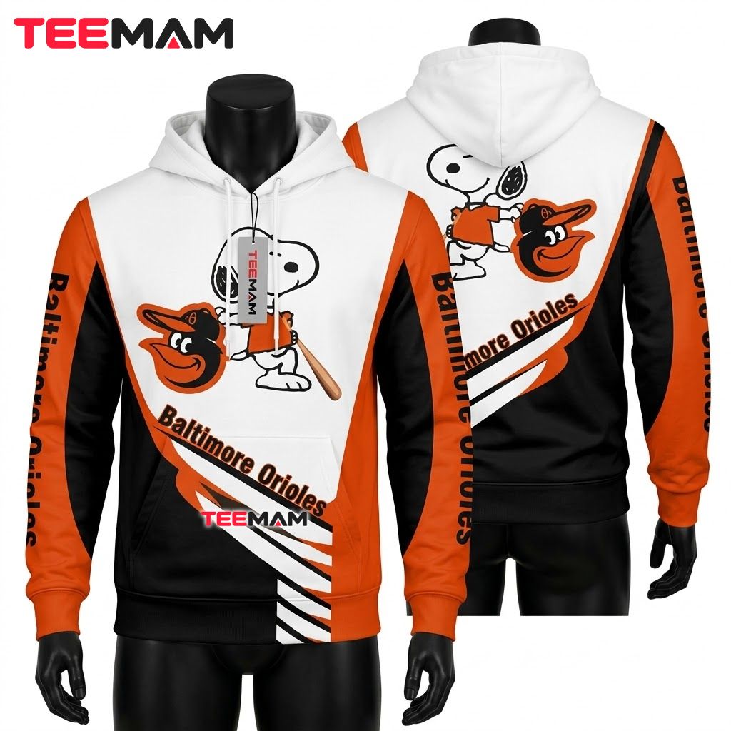 Baltimore Orioles 3D Hoodie Snoopy Baseball Player White Black Front