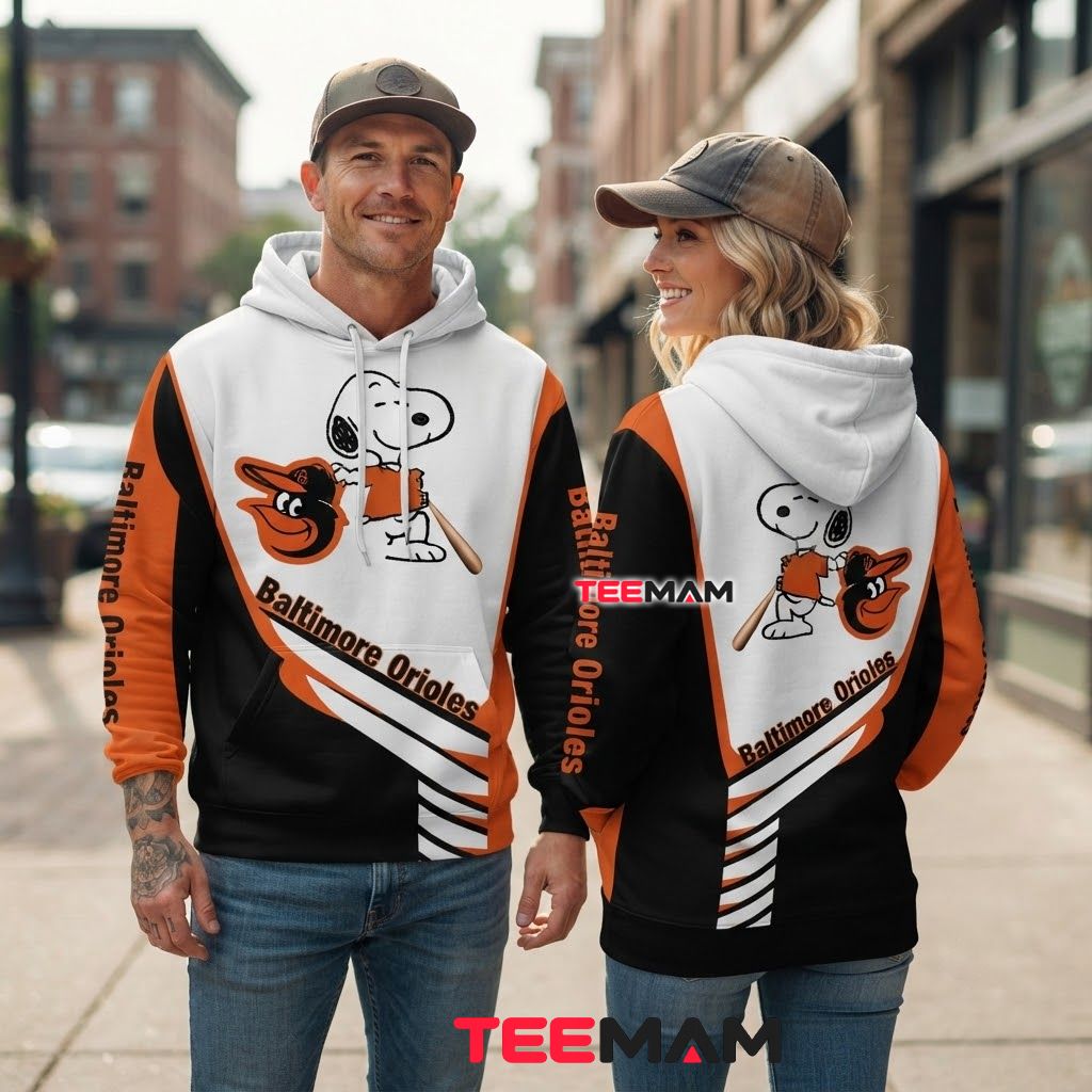 Baltimore Orioles 3D Hoodie Snoopy Baseball Player White Black Back Baltimore Orioles 3D Hoodie Snoopy Baseball Player White Black Back