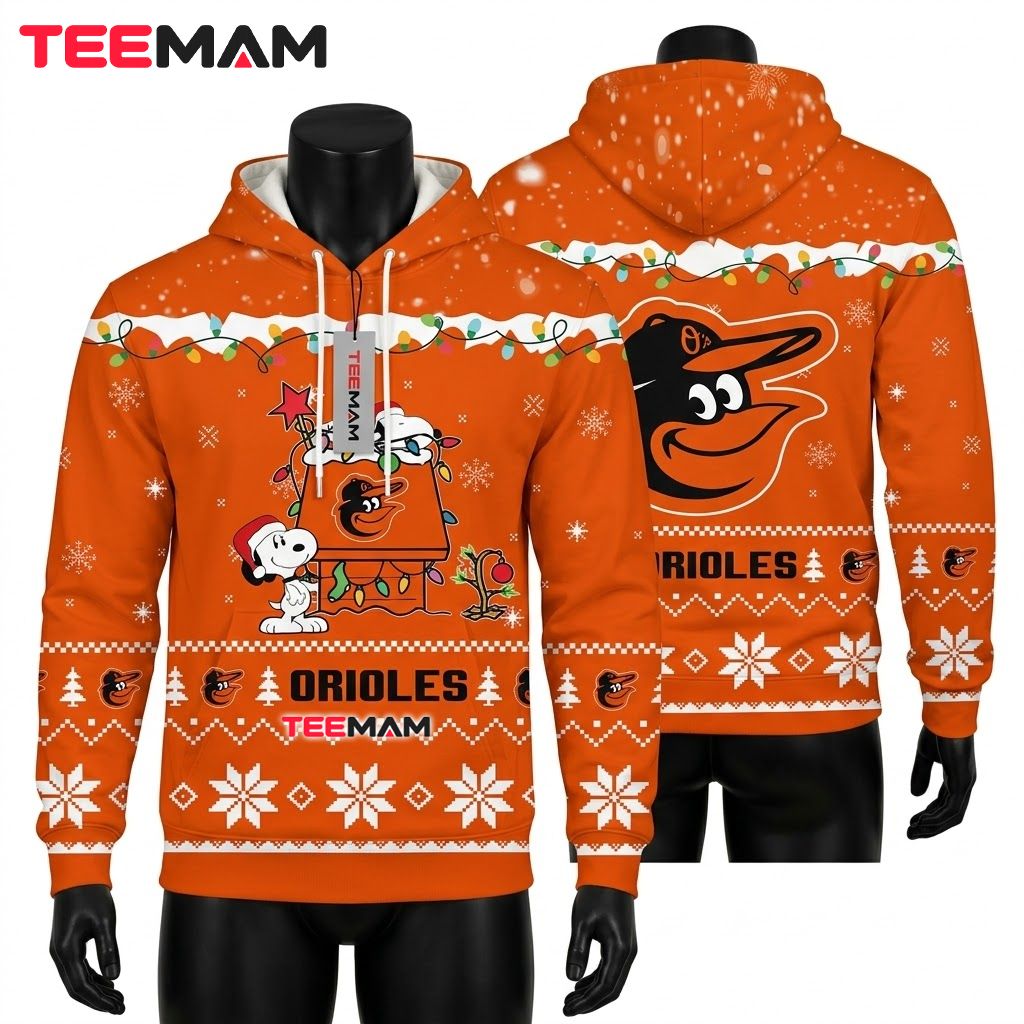 Baltimore Orioles 3D Hoodie Snoopy Doghouse Christmas Lights Front