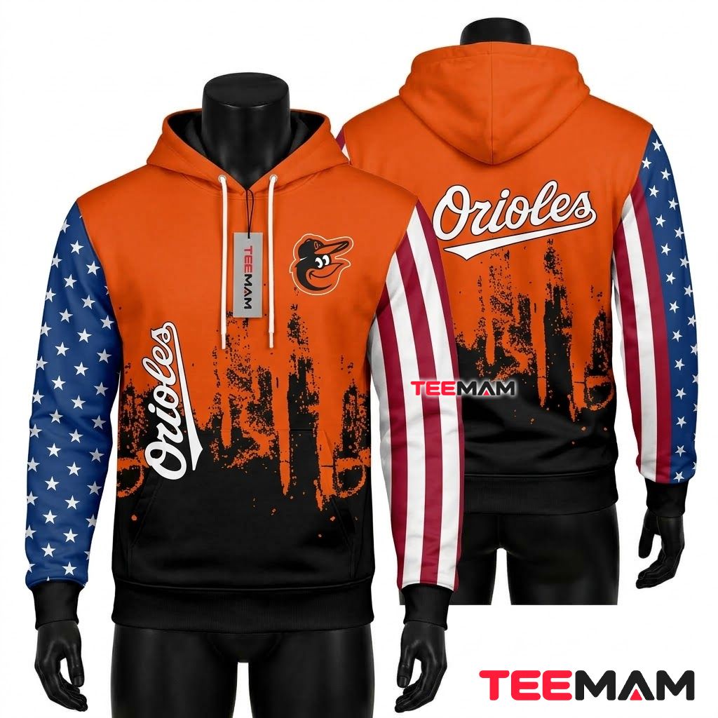 Baltimore Orioles All Over Print 3D Hoodie American Flag Skyline Splatter Front