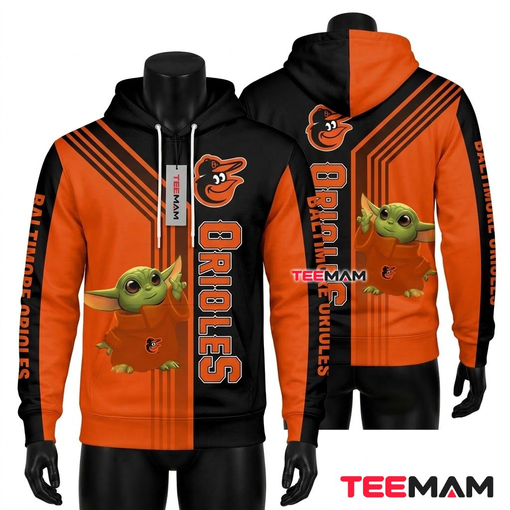 Baltimore Orioles All Over Print 3D Hoodie Baby Yoda Orange Black Split Front