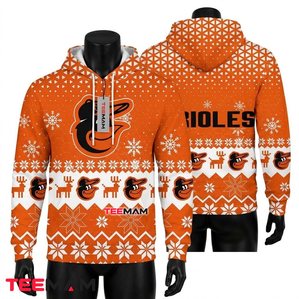 Baltimore Orioles All Over Print 3D Hoodie Christmas Reindeer Snowflake Front