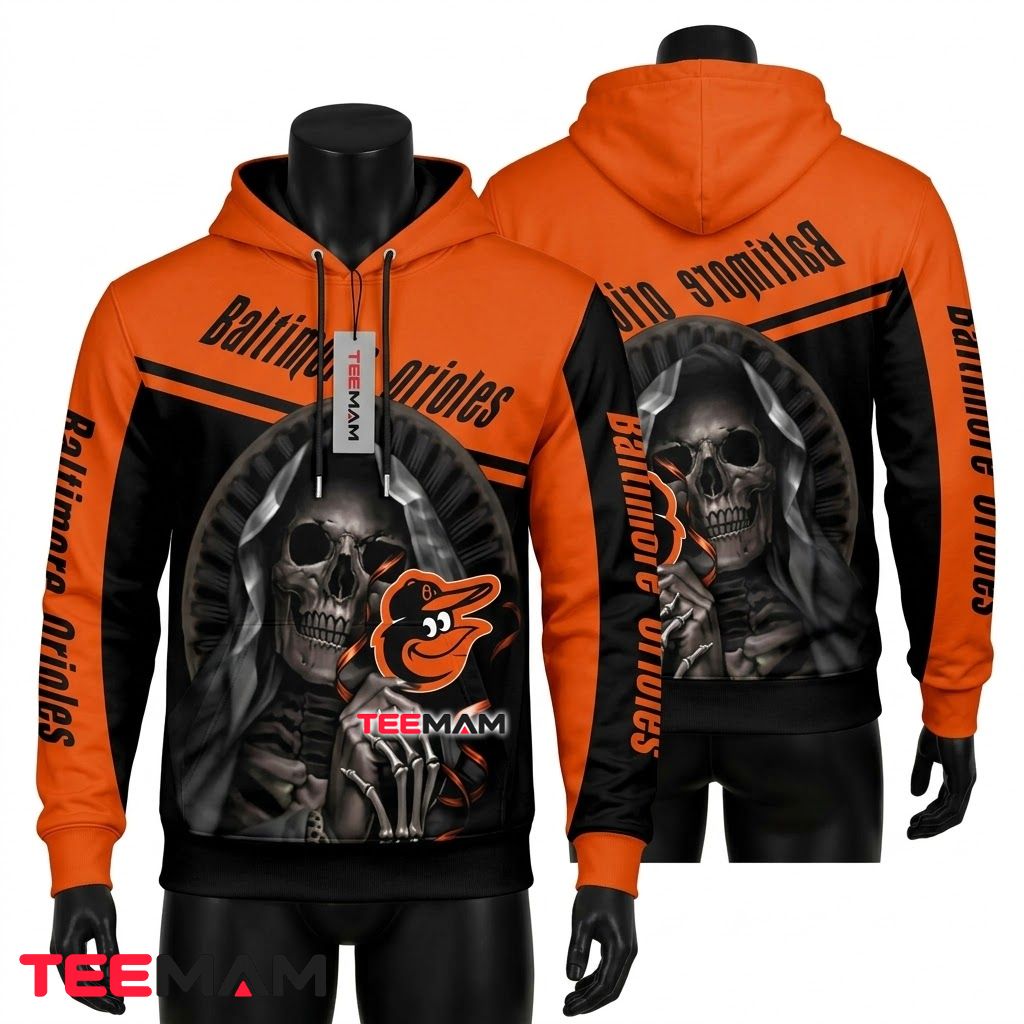 Baltimore Orioles All Over Print 3D Hoodie Grim Reaper Skull Orange Front