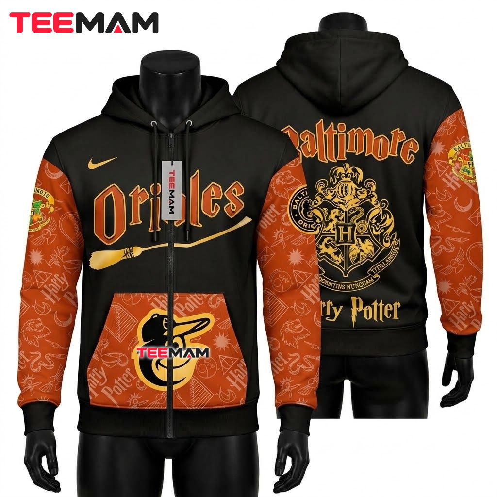 Baltimore Orioles All Over Print 3D Hoodie Harry Potter Hogwarts Crest Black Orange Front