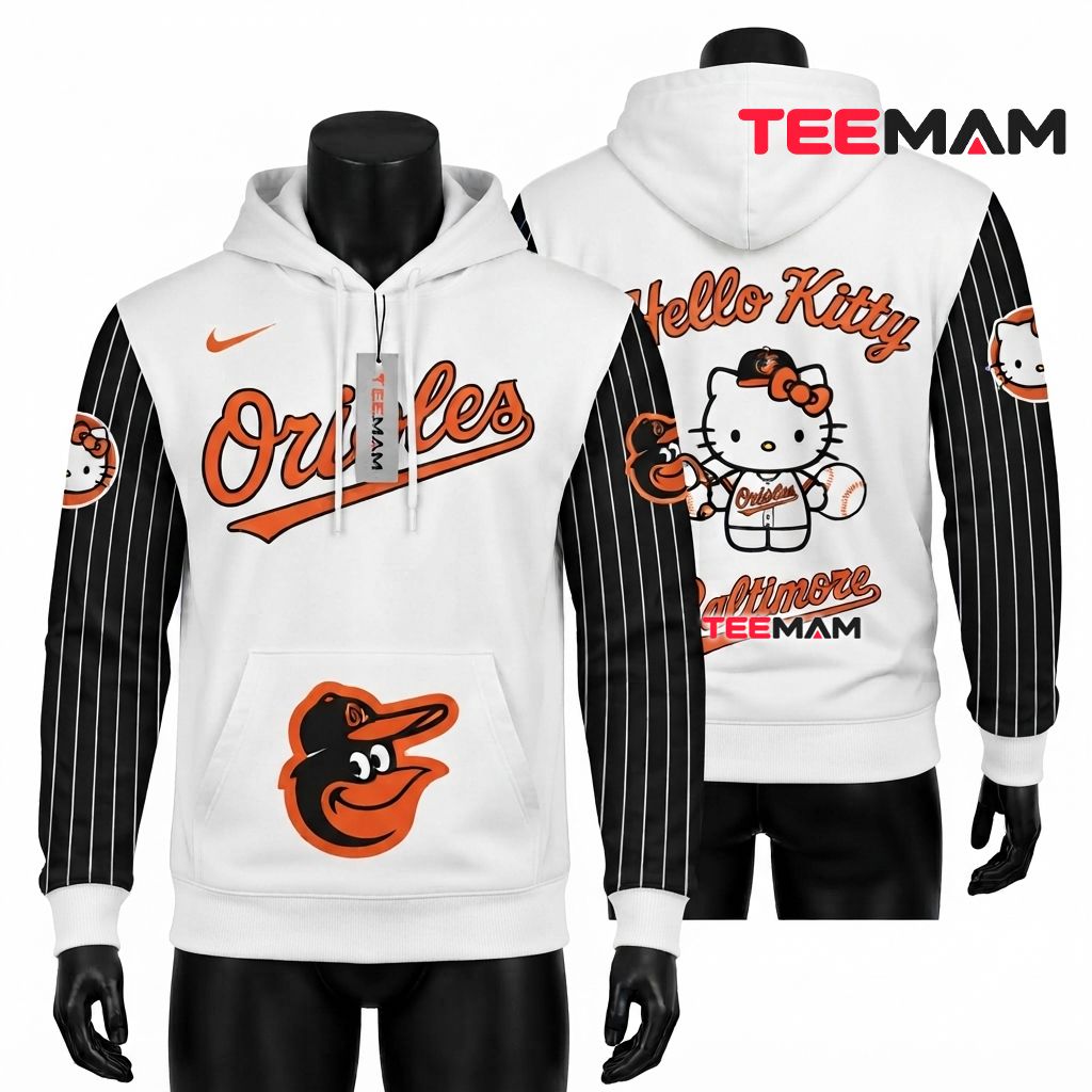 Baltimore Orioles All Over Print 3D Hoodie Hello Kitty Baseball Pinstripe Front