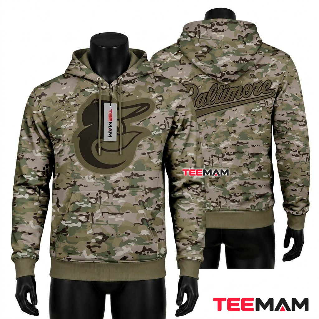 Baltimore Orioles All Over Print 3D Hoodie Military Camouflage Desert Front