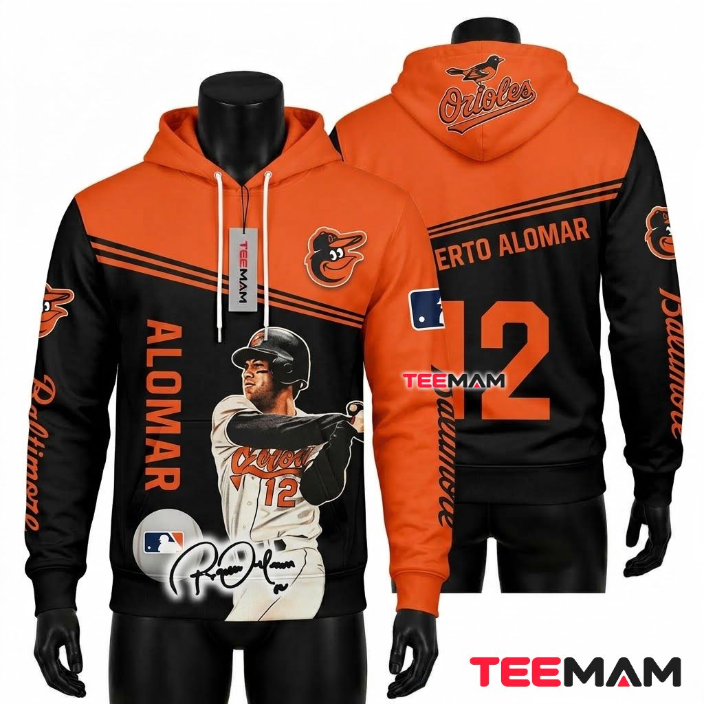 Baltimore Orioles All Over Print 3D Hoodie Roberto Alomar 12 Player Portrait Signature Front