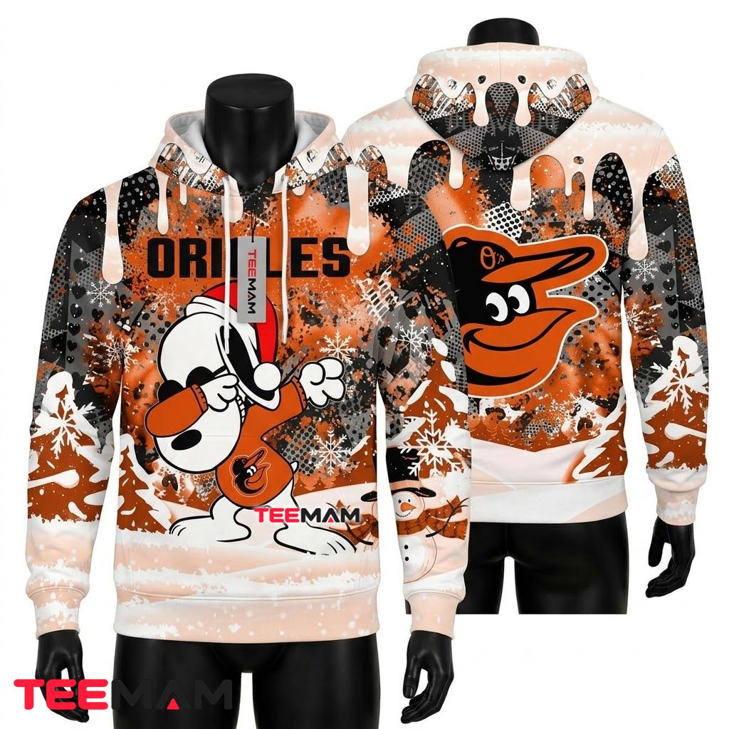 Baltimore Orioles All Over Print 3D Hoodie Snoopy Dabbing Christmas Snowflake Front