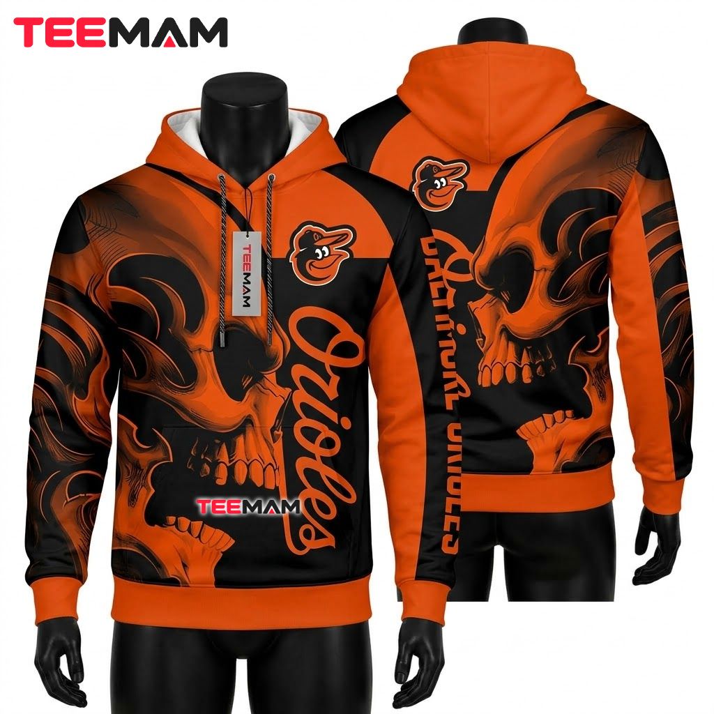 Baltimore Orioles All Over Print 3D Hoodie Tribal Skull Flame Black Orange Front