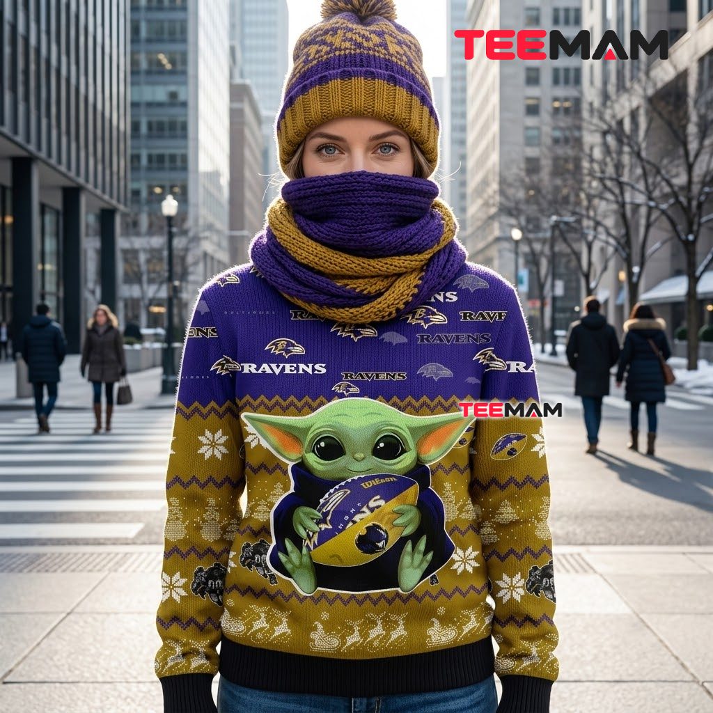 Baltimore Ravens Ugly Christmas Sweater Baby Yoda Football Hug Back Baltimore Ravens Ugly Christmas Sweater Baby Yoda Football Hug Back
