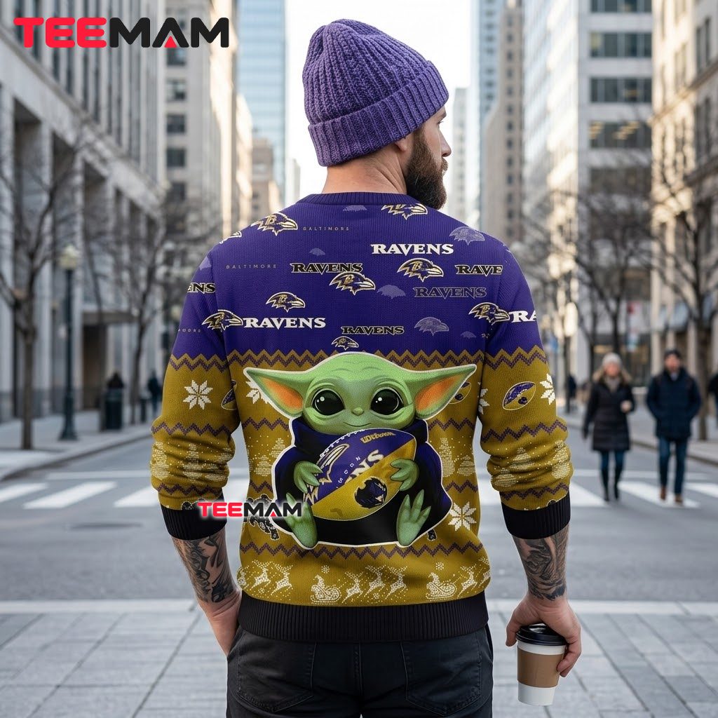 Baltimore Ravens Ugly Christmas Sweater Baby Yoda Football Hug Version 3 Baltimore Ravens Ugly Christmas Sweater Baby Yoda Football Hug Version 3
