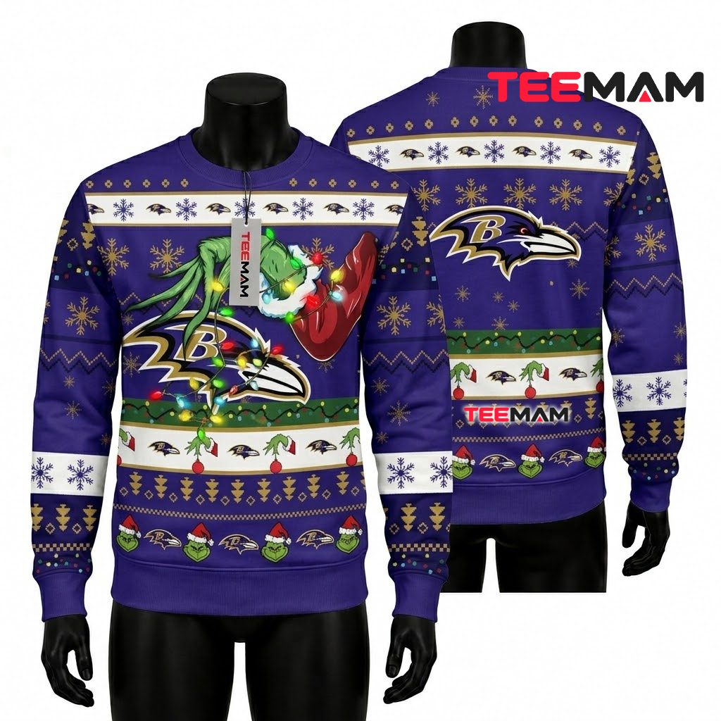 Baltimore Ravens Ugly Christmas Sweater Grinch Hand Lights Design Front