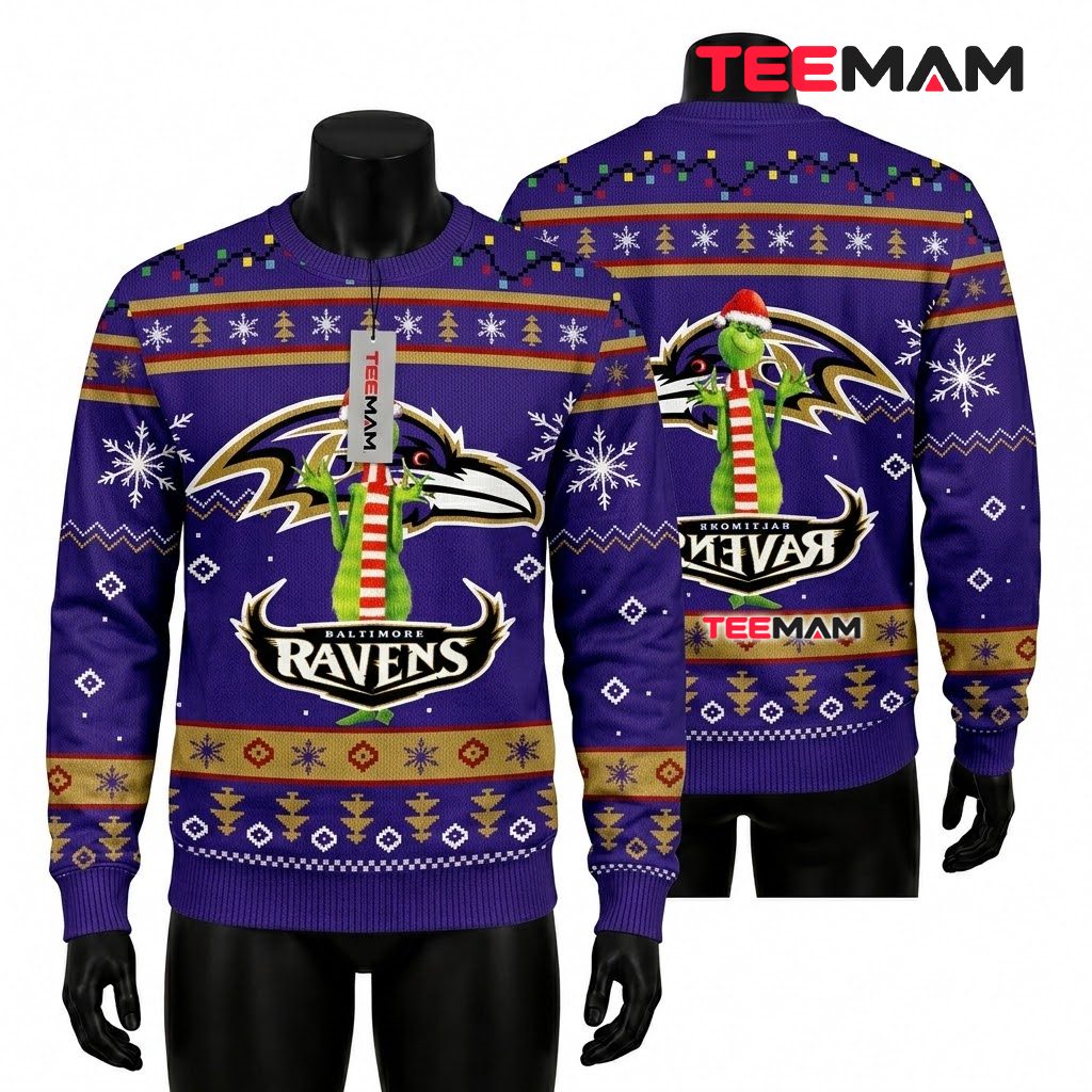 Baltimore Ravens Ugly Christmas Sweater Grinch Santa Hat Design Front
