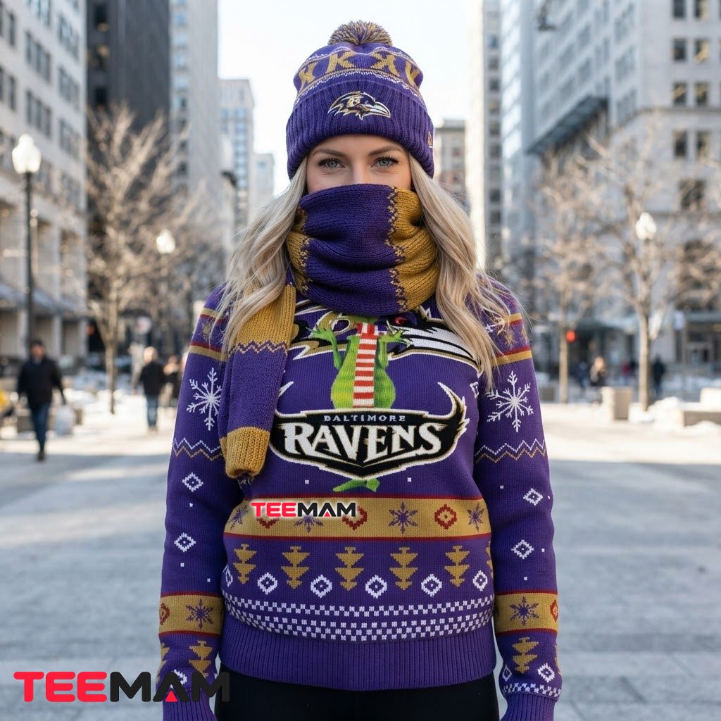 Baltimore Ravens Ugly Christmas Sweater Grinch Santa Hat Design Back Baltimore Ravens Ugly Christmas Sweater Grinch Santa Hat Design Back