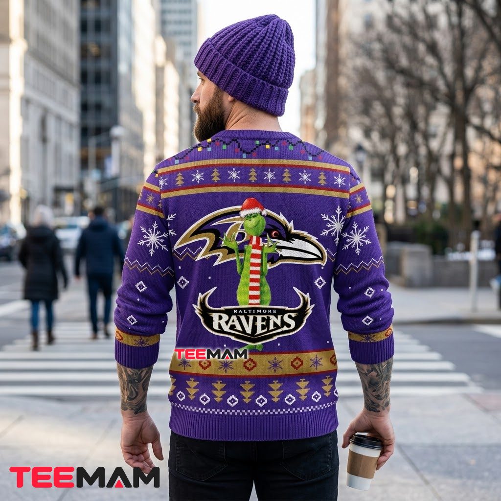 Baltimore Ravens Ugly Christmas Sweater Grinch Santa Hat Design Version 3 Baltimore Ravens Ugly Christmas Sweater Grinch Santa Hat Design Version 3