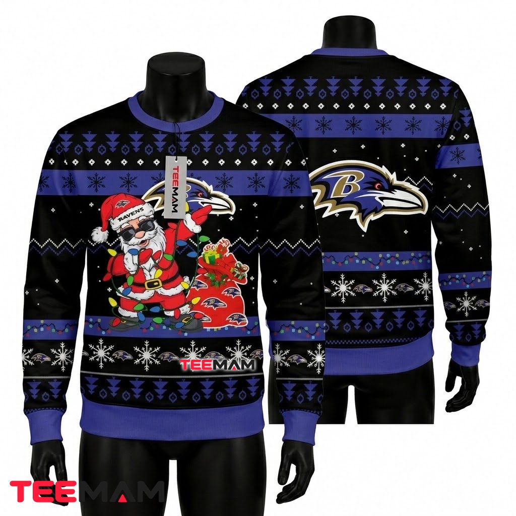 Baltimore Ravens Ugly Christmas Sweater Santa Claus Dabbing Design Front