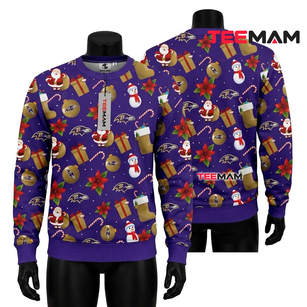 Baltimore Ravens Ugly Christmas Sweater Santa Snowman Stocking Pattern Front